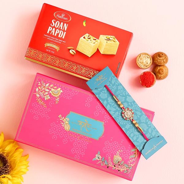 American Diamond Floral Rakhi And Soan Papdi-Qatar