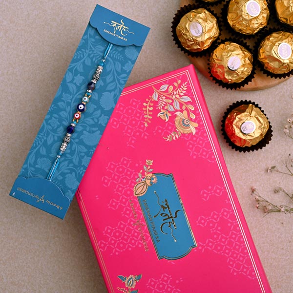 Auspicious Evil Eye Designer Rakhi And 3 Pcs Ferrero Rocher