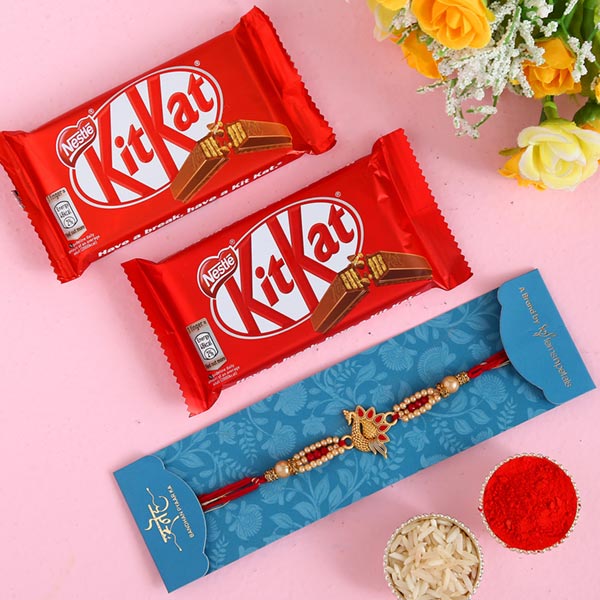 Red Peacock Designer Rakhi And 2 Pcs Of Kitkat