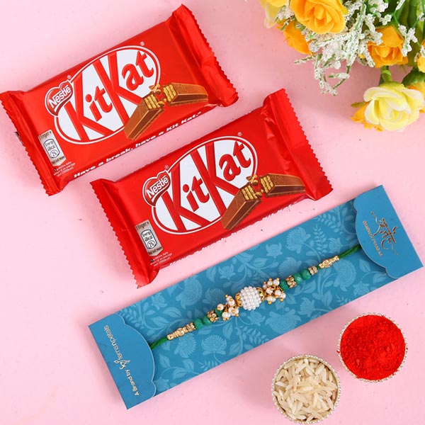Green Pearl Beads Designer Rakhi And 2 Pcs Of Kitkat