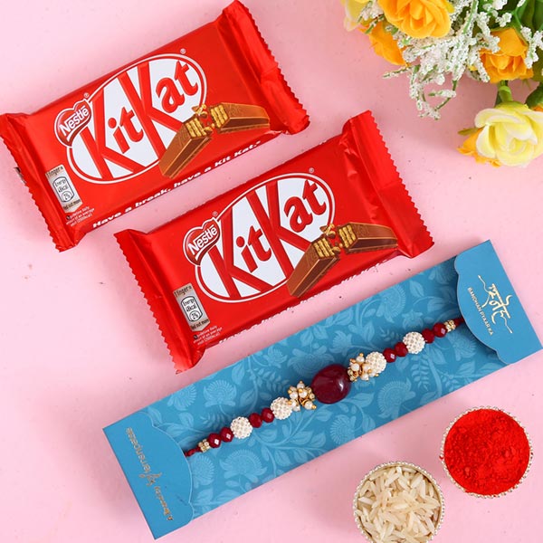 Red Beads Pearl Designer Rakhi And 2 Pcs Of Kitkat