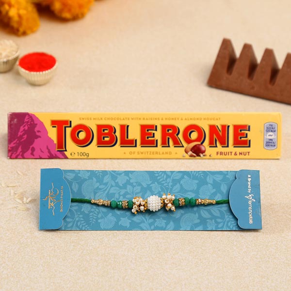 Green Pearl Beads Designer Rakhi And Toblerone Chocolate