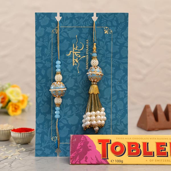 Blue Orb Pearl And Lumba Rakhi Set With Toblerone Chocolate