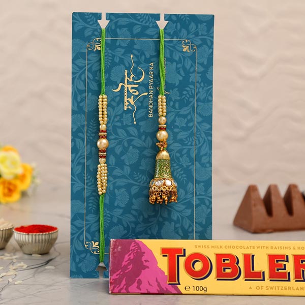 Ethnic Green Pearl And Lumba Rakhi Set With Toblerone Chocolate
