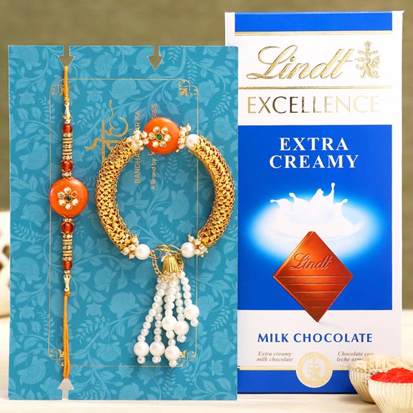 Orange Pearl And Lumba Rakhi Set With Lindt -Qatar