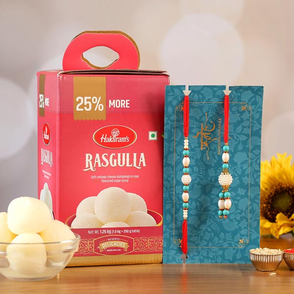 Blue Pearl Lumba Rakhi Set And Rasgulla - Qatar