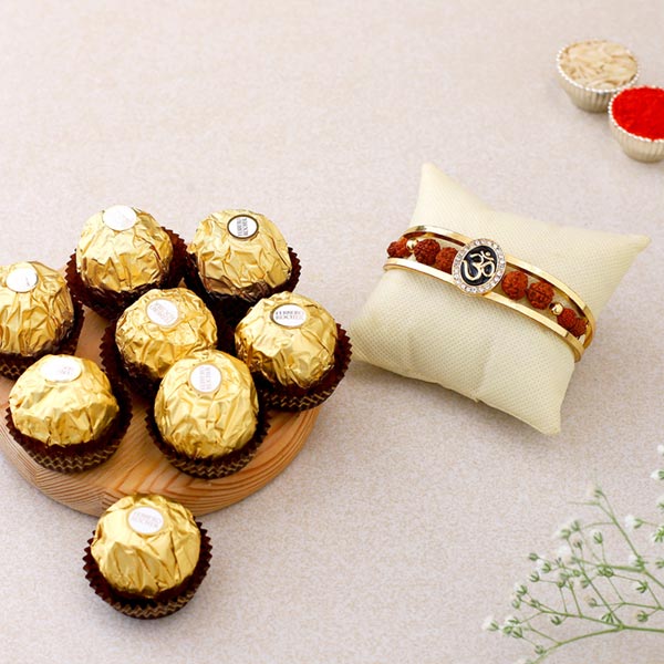 Om And Rudraksha Bracelet Rakhi With 3 Pcs Ferrero Rocher