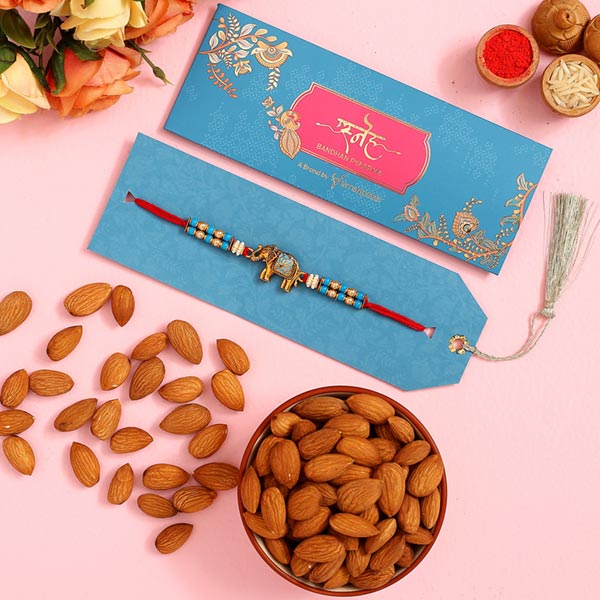 Meenakari Elephant Pearl Rakhi And Healthy Almonds