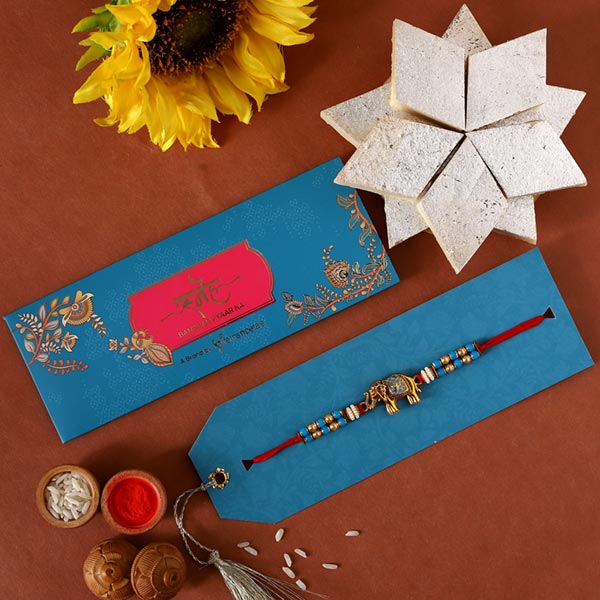 Meenakari Elephant Pearl Rakhi And Kaju Katli