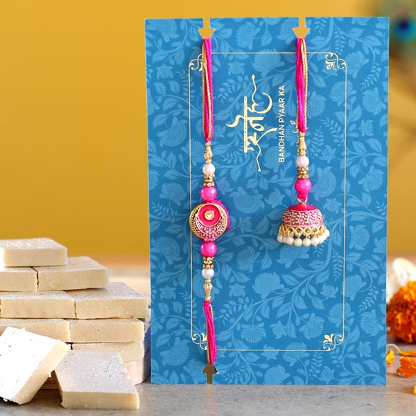 Meenakari Pearl Lumba Rakhi Set With Kaju Katli