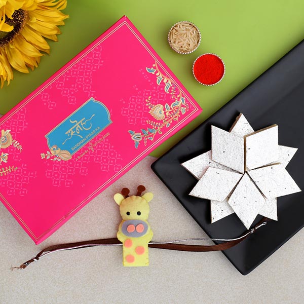 Cute Giraffe Shaped Kids Rakhi And Kaju Katli