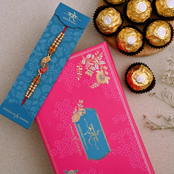 Divine Swastik Paduka Rakhi And 3 Pcs Ferrero Rocher