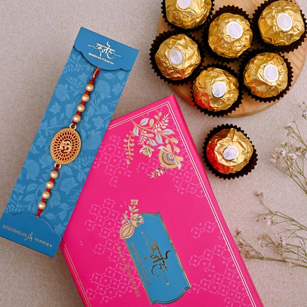 Lion Face And Om Rakhi Set With 3 Pcs Ferrero Rocher