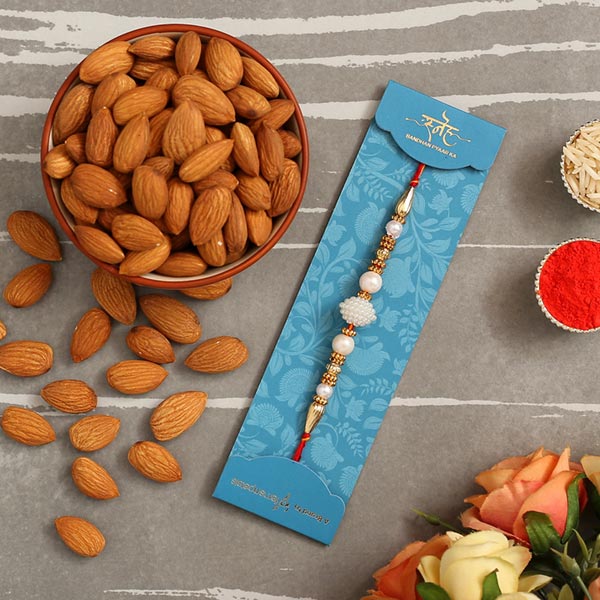 Elegant Pearl Mauli Rakhi And Healthy Almonds