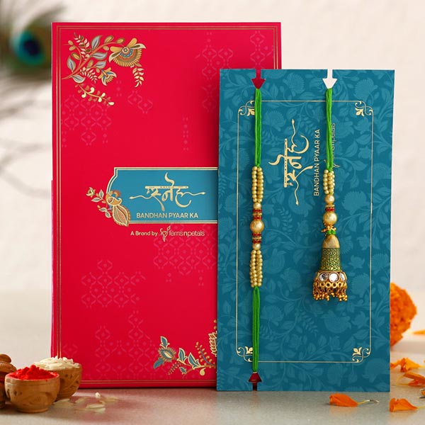 Ethnic Green Pearl And Lumba Rakhi Set - Qatar