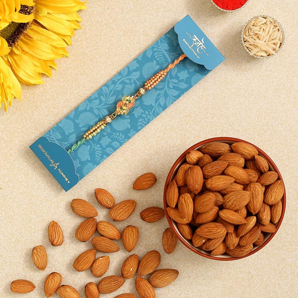 Ethnic Leaf Pearl Designer Rakhi And Healthy Almonds