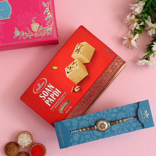 Ethnic Pearl Designer Rakhi And Soan Papdi