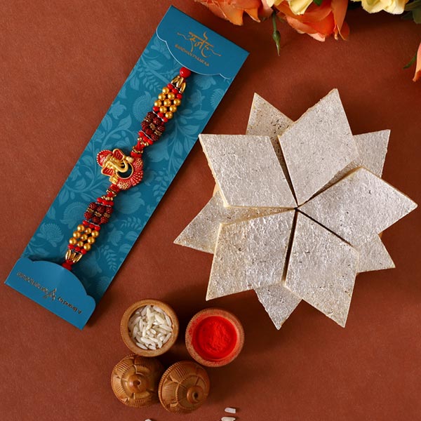 Ganesha And Rudraksha Rakhi With Kaju Katli -Qatar