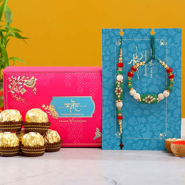 Green Pearl And Lumba Rakhi Set With 3 Pcs Ferrero Rocher