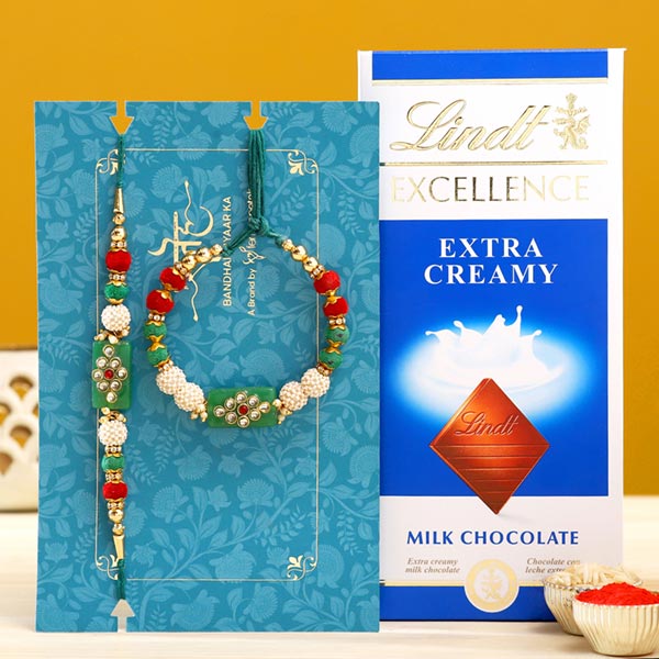 Green Pearl And Lumba Rakhi Set With Lindt