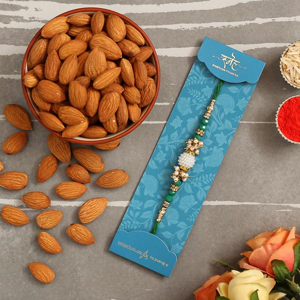 Green Pearl Beads Designer Rakhi And Healthy Almonds