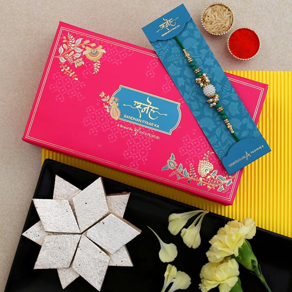 Red And Green Pearl Rakhi Set With Kaju Katli