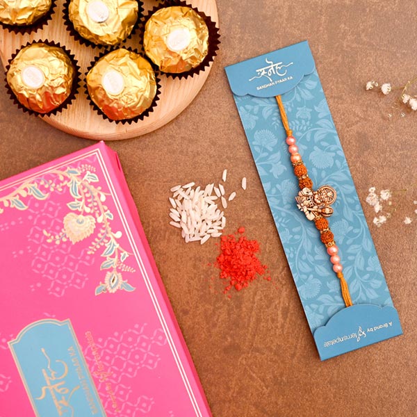 Hanuman Rudraksha Pearl Rakhi And 3 Pcs Ferrero Rocher