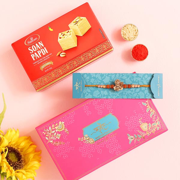 Hanuman Rudraksha Pearl Rakhi And Soan Papdi
