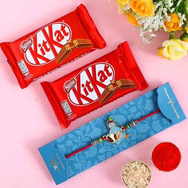 Spiritual Bal Krishna Kids Rakhi And 2 Pcs Of Kitkat