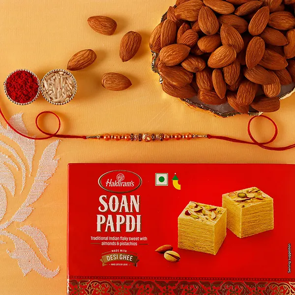 Minimalist Rakhi With Soan Papdi & Almonds - For Qatar