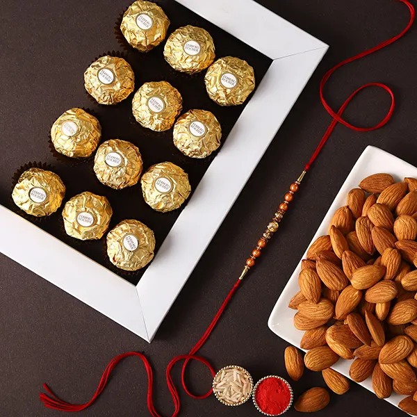 Rose Gold Rakhi With Almonds & Ferrero Rocher - For Qatar