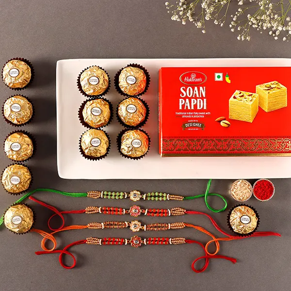 Meenakari Rakhis With Soan Papdi & Chocolate Box - For Qatar