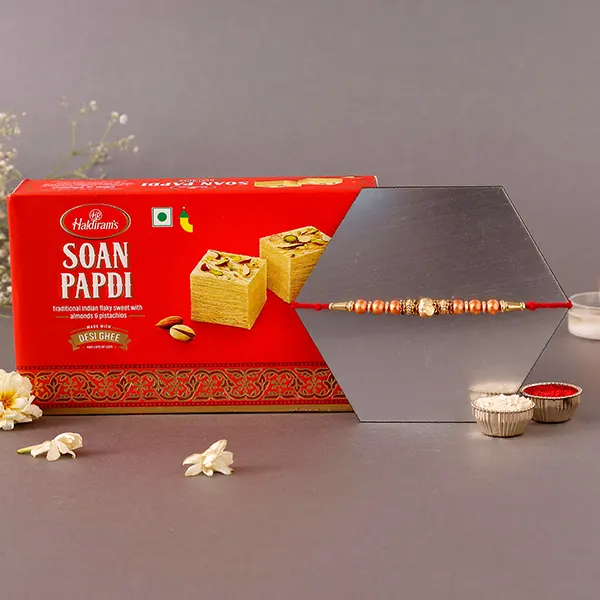 Rose Gold Rakhi & Soan Papdi - For Qatar