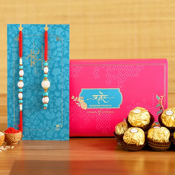 Blue Pearl And Lumba Rakhi Set With 3 Ferrero Rocher - For Qatar