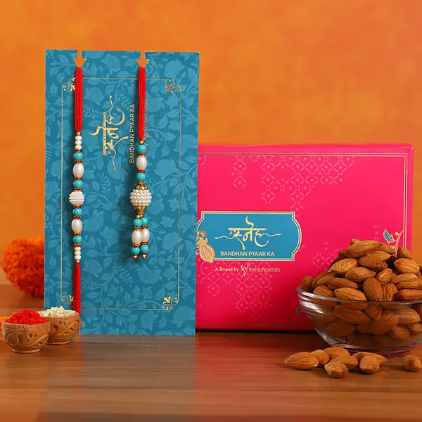 Blue Pearl And Lumba Rakhi Set With Healthy Almonds - For Qatar