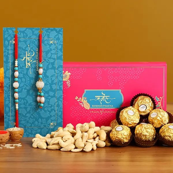 Blue Pearl Lumba Rakhi Set And Cashew With Ferrero Rocher - For Qatar