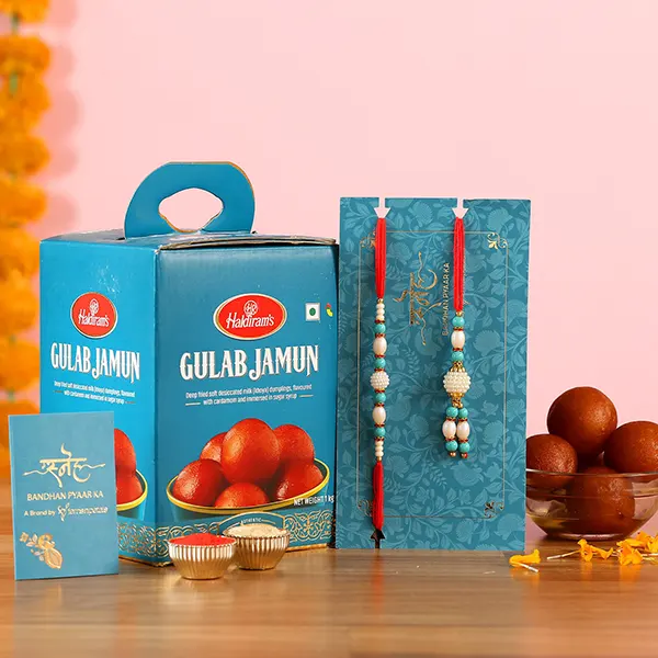 Blue Pearl And Lumba Rakhi Set With 1 KG Gulab Jamun - For Qatar