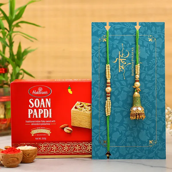 Ethnic Green Pearl And Lumba Rakhi Set With 250 Gms Soan Papdi - For Qatar