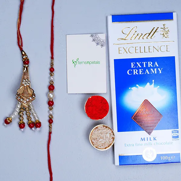 Red Fancy Bhaiya Bhabhi Rakhi And Lindt Chocolate - For Qatar