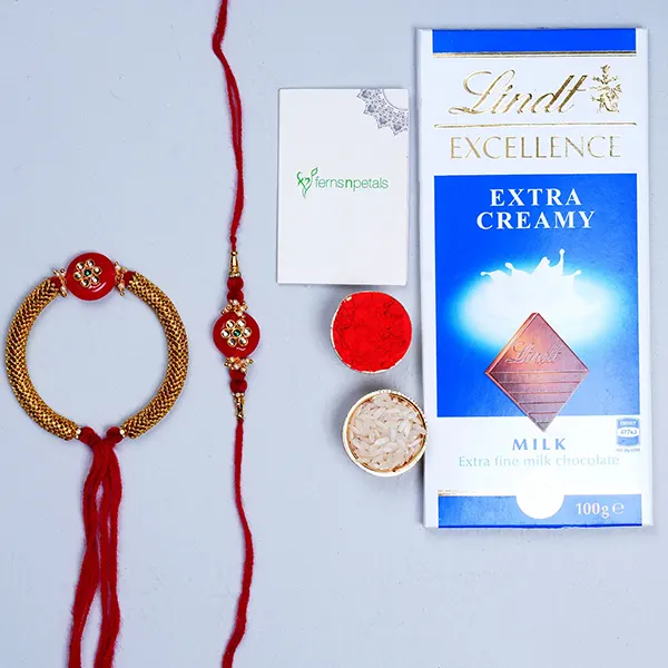 Red Pearl Bhaiya Bhabhi Rakhi With Lindt Chocolate - For Qatar