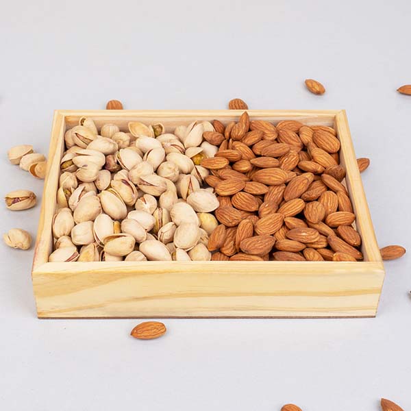 Pistachios and Almonds in Wooden Tray