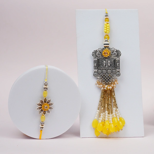 Yellow Kundan Bhaiya Bhabhi Lumba Rakhi Set with Roli Chawal