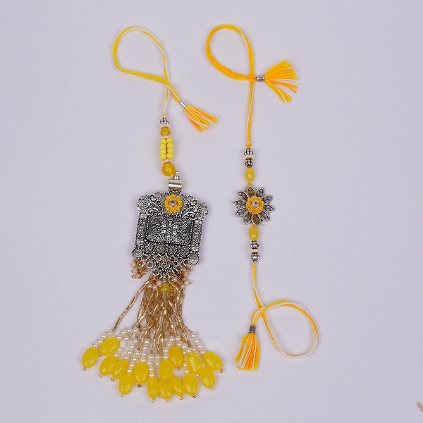 Yellow Kundan Bhaiya Bhabhi Lumba Rakhi Set with Roli Chawal