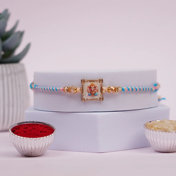 Shree Ganesha Pink Blue Thread Rakhi for Brother