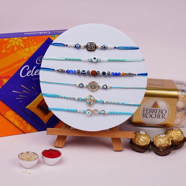 Blue Nazar Rakhi Set of 6 with Ferrero Rocher Combo