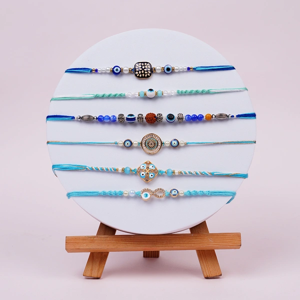 Blue Nazar Rakhi Set of 6 with Ferrero Rocher Combo
