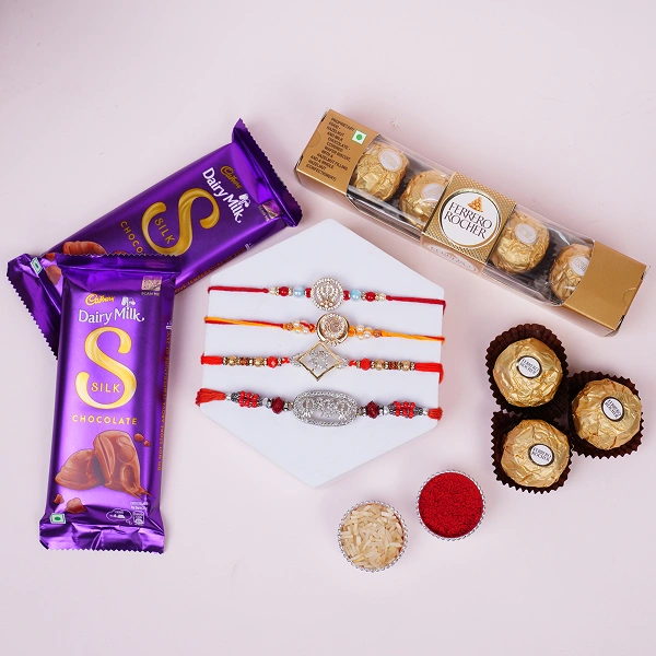 Set of 4 Rakhi with Choco Delight Gift Hamper