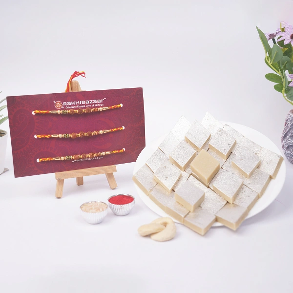 Rudraksha Rakhi Gift Pack with Kaju Katli