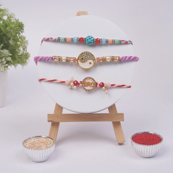 Designer Rakhi Set of 3 with Roli Chawal