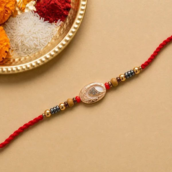 Antique Gold Oval Rakhi with Wooden Beads